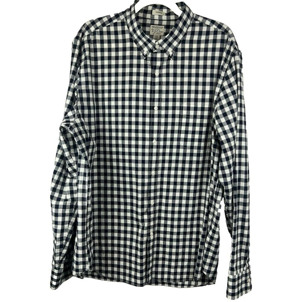 J. Crew Men Secret Wash Shirt XL Navy Check Organic Cotton Stretch Button Up
